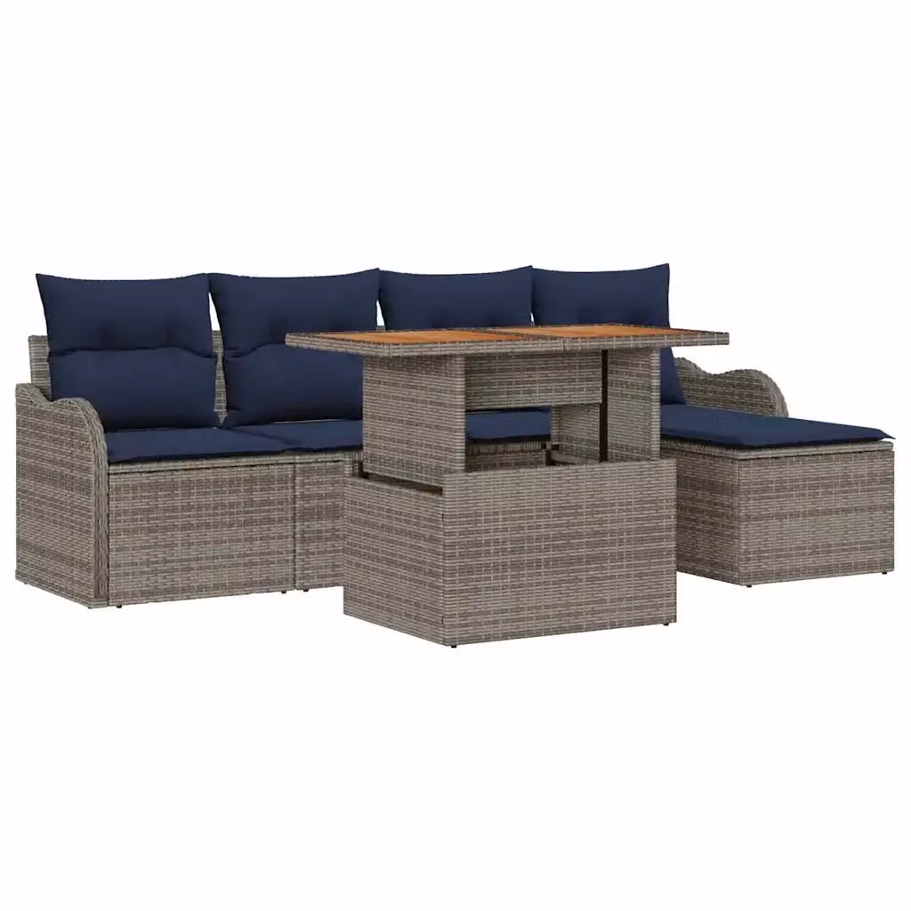 Set da giardino vidaXL a 6 pezzi con divano a L, tavolino e pouf in rattan, colori grigio e blu navy – 2