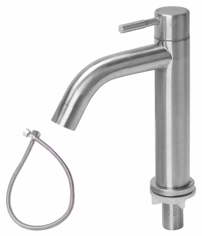 Rubinetto per acqua fredda - Miscelatore per lavabo - Facile da installare - Argento - Acciaio inossidabile - Tubo flessibile - Adatto per bagno e cucina