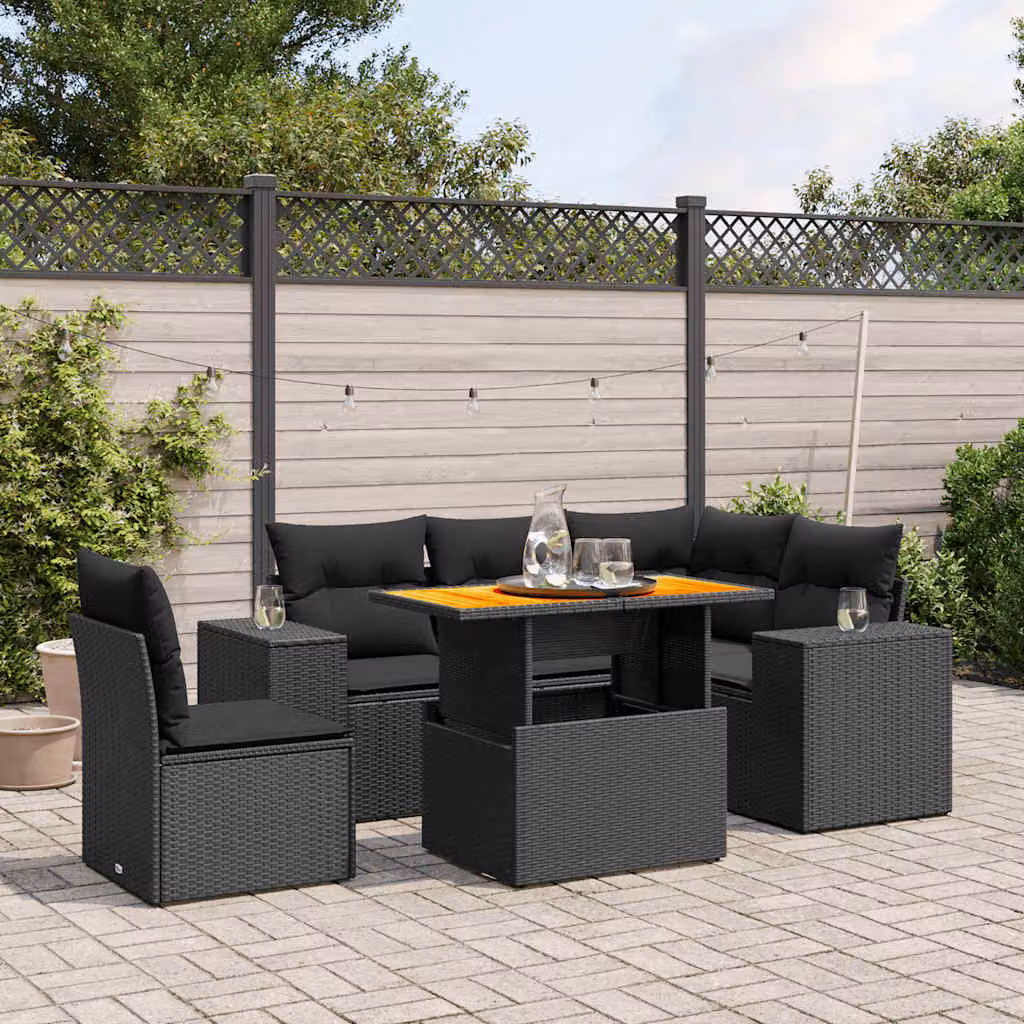 Set Divano da Giardino vidaXL 6 pz in Polyrattan Nero con Cuscini e Tavolino da Esterno a Forma di L – 1