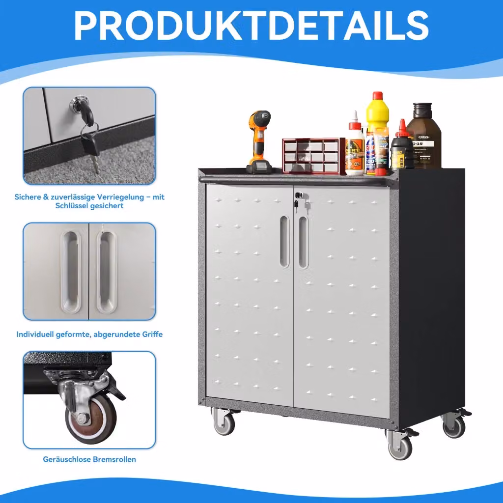 Armadietto da garage Weimin in metallo resistente con ruote, colore grigio, L: 75 cm, P: 42 cm, H: 88 cm – 2