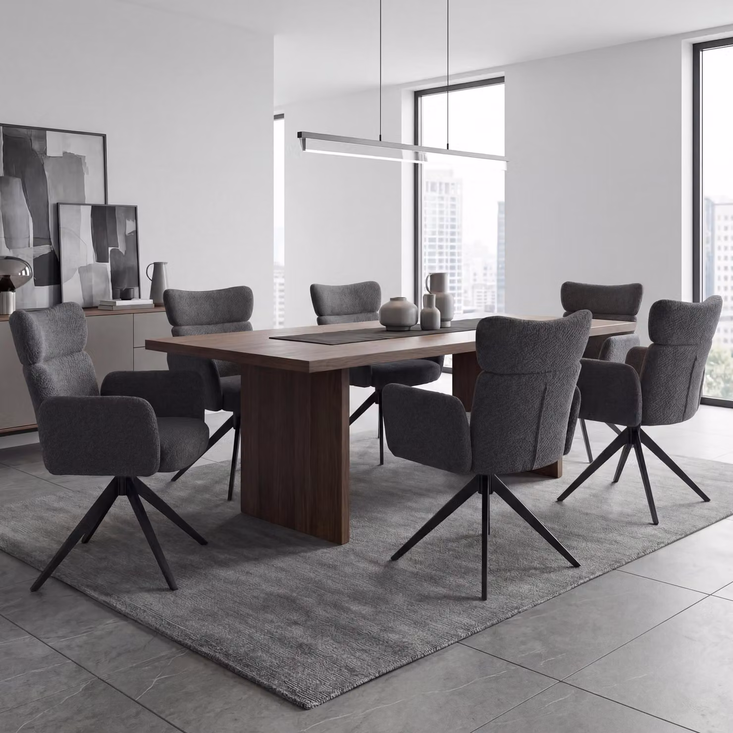 Set di 6 sedie da pranzo modello HWC-N11, sedia girevole con meccanismo di ritorno automatico, rivestita in tessuto bouclé (350g/m²), colore grigio scuro, gambe grigie scure