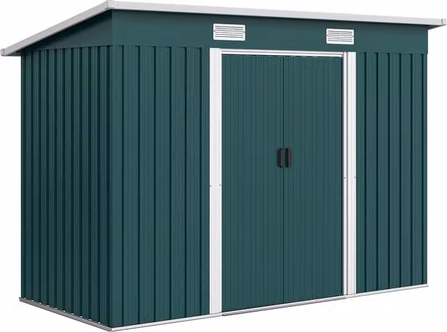 Casetta da Giardino Outsunny in Acciaio con Porte Scorrevoli Doppie e 2 Prese d'Aria, Capanno Attrezzi Verde, L: 272 cm, P: 134 cm