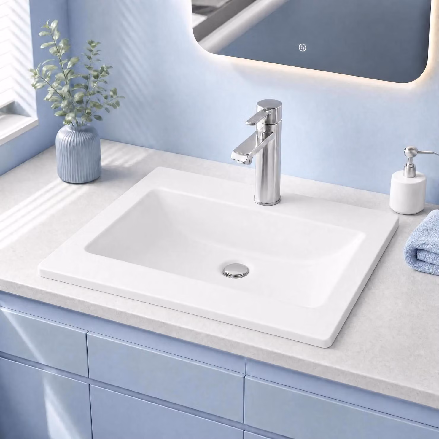 Lavabo – Semincasso, lavabo da appoggio angolare – Vetroceramica – Un foro per rubinetto – 53 x 46 cm – Bianco
