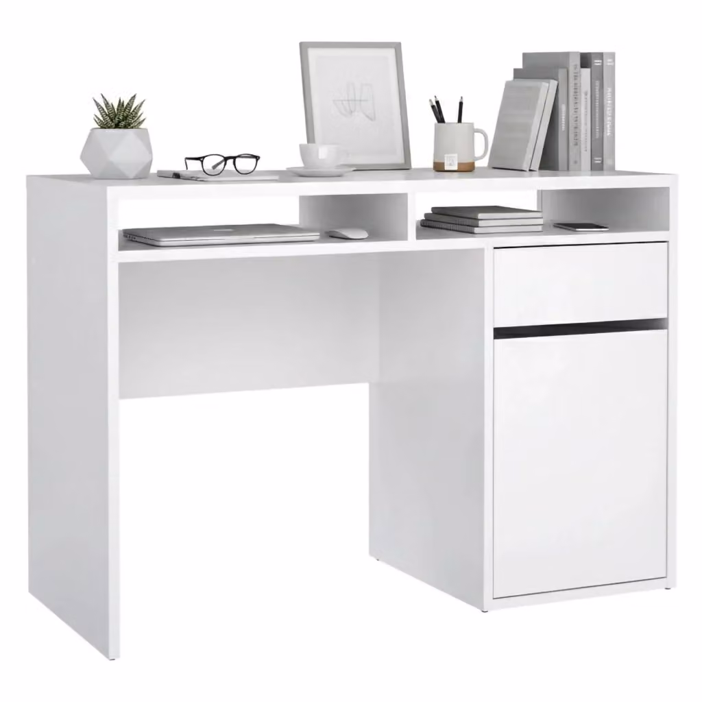 Scrivania DMORA moderna per ufficio e computer, Bianco lucido, L 110 x P 48 x H 77 cm – 2