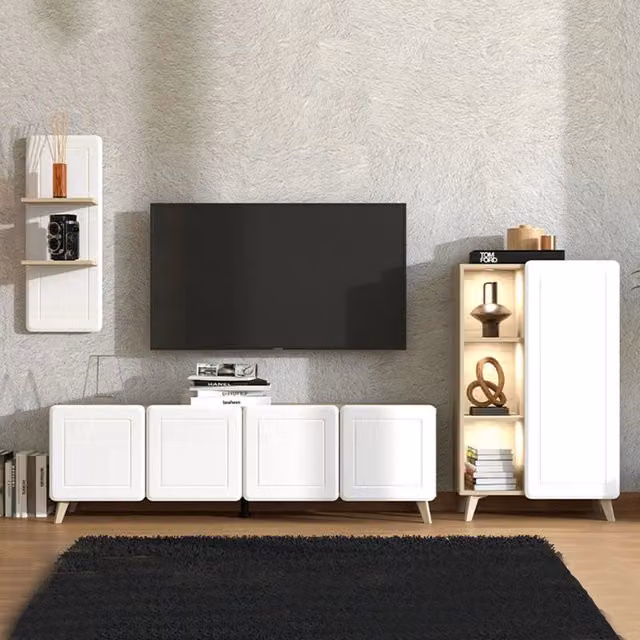 Set di mobili da soggiorno modulabile DMORA moderno in MDF, Bianco e Marrone, L: 244 cm, H: 168 cm, P: 42 cm – 1