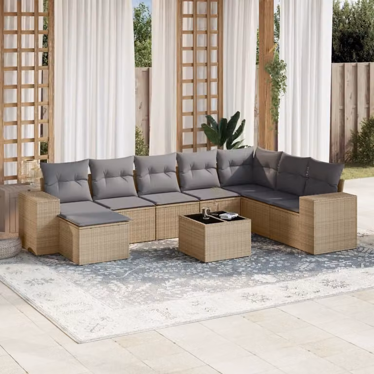 vidaXL Set Divano da Giardino a L 9 pz in Polyrattan con Cuscini Beige e Tavolino