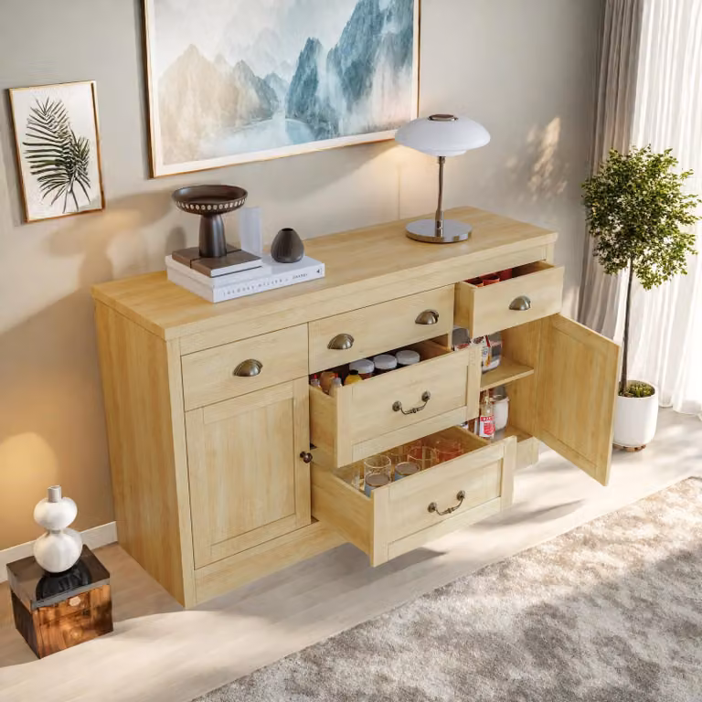 Credenza UnboxG 135×39,8×80 cm Naturale, mobile da cucina e sala da pranzo con 5 cassetti e 2 ante, mobile contenitore e di archiviazione in legno, design moderno
