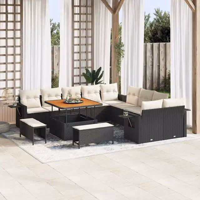 Set Divano da Giardino vidaXL a Forma a U con 13 Pezzi, Colore Nero, con Cuscini e Tavolino da Caffè – 1