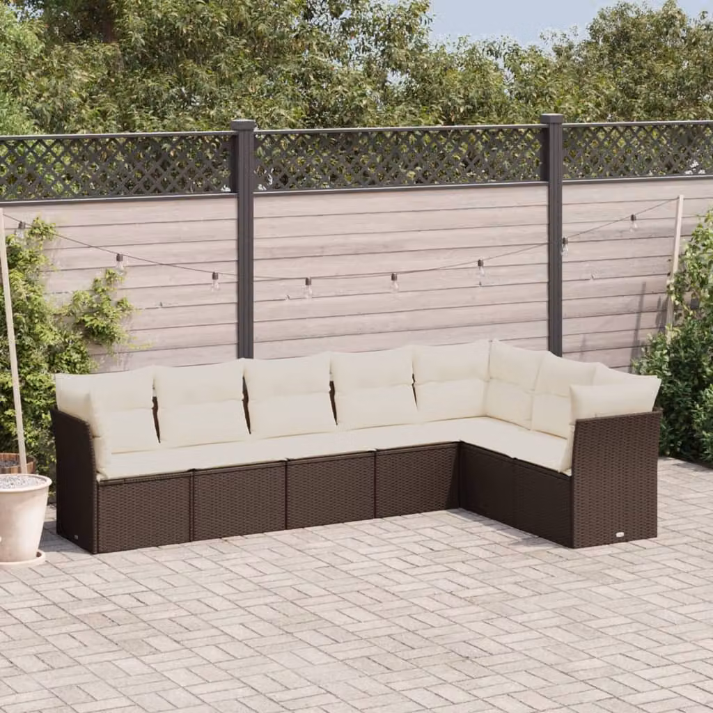 Set di divani da giardino vidaXL a forma di L composto da 7 pezzi in polyrattan marrone con cuscini bianchi e coperture rimovibili – 1