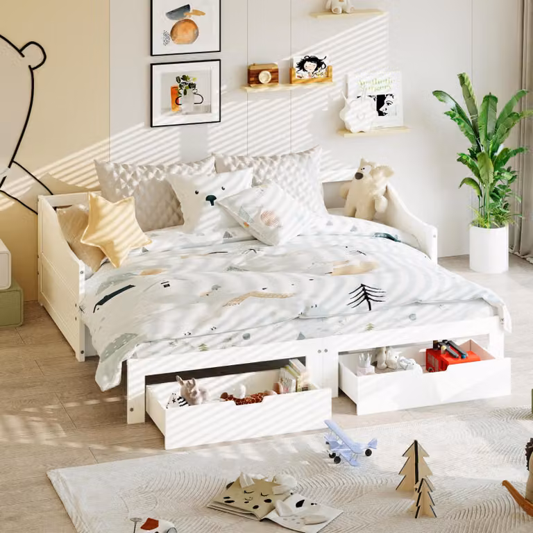 Letto da giorno ProximaX 90x200cm/180x200cm letto estraibile, divano letto allungabile con rete a doghe e braccioli, letto imbottito letto per bambini divano letto, bianco
