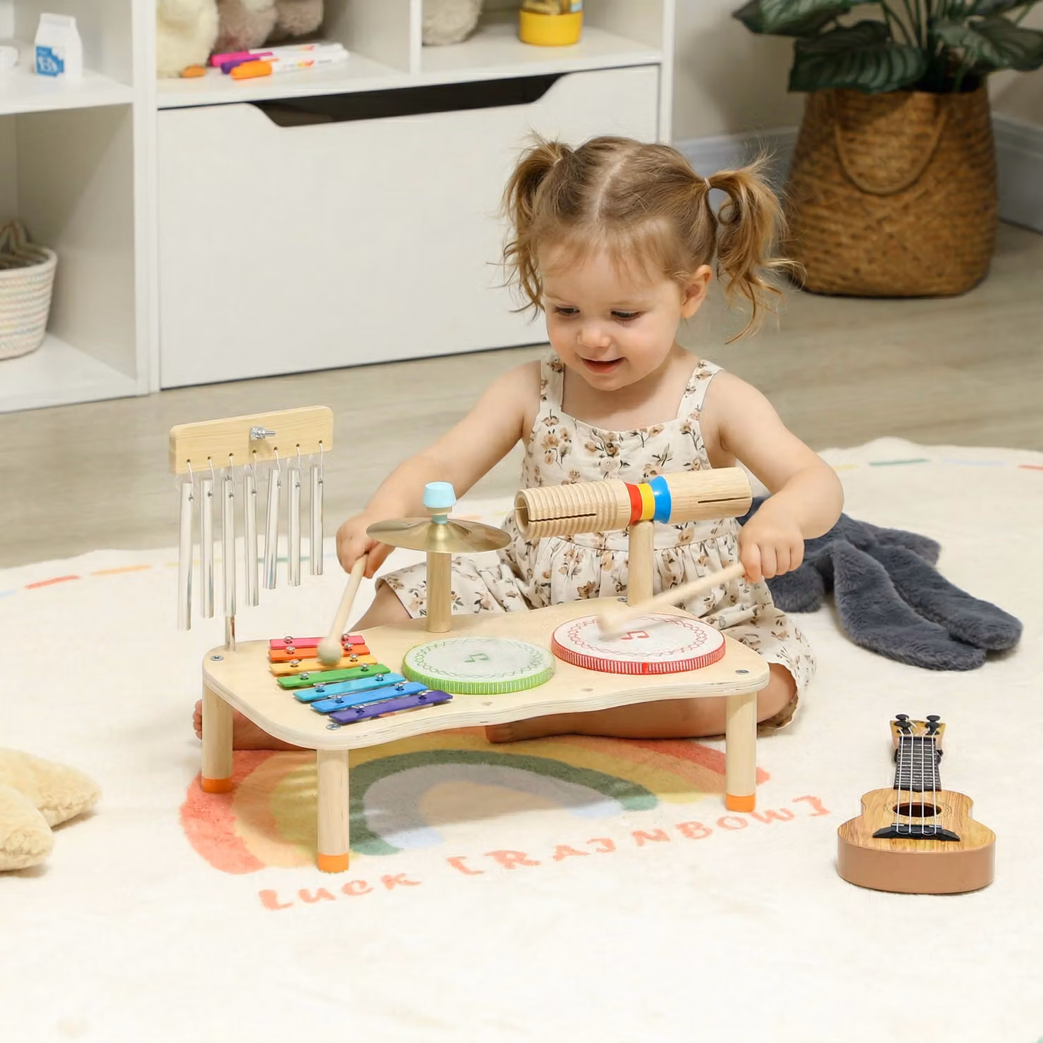 AIYAPLAY Set di Strumenti Musicali per Bambini in Legno con Tamburo e Xilofono, L/P/H: 40 x 24 x 29 cm, Legno Naturale – 2