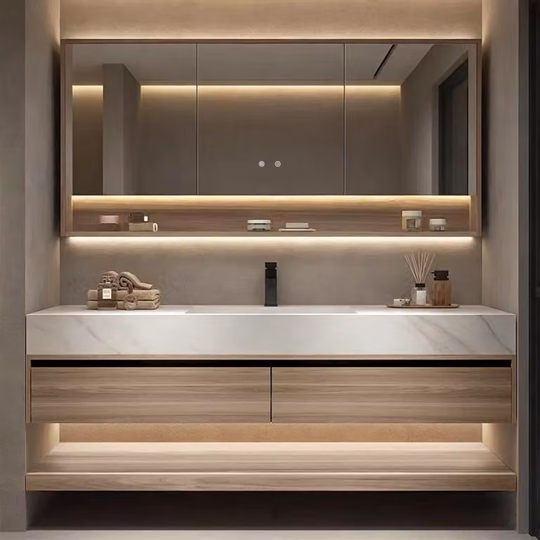 Lavabo in sinterizzata bianco, piano di lavoro con venature del legno, mobile sottolavabo, set con pensile [RW3256JG-130]