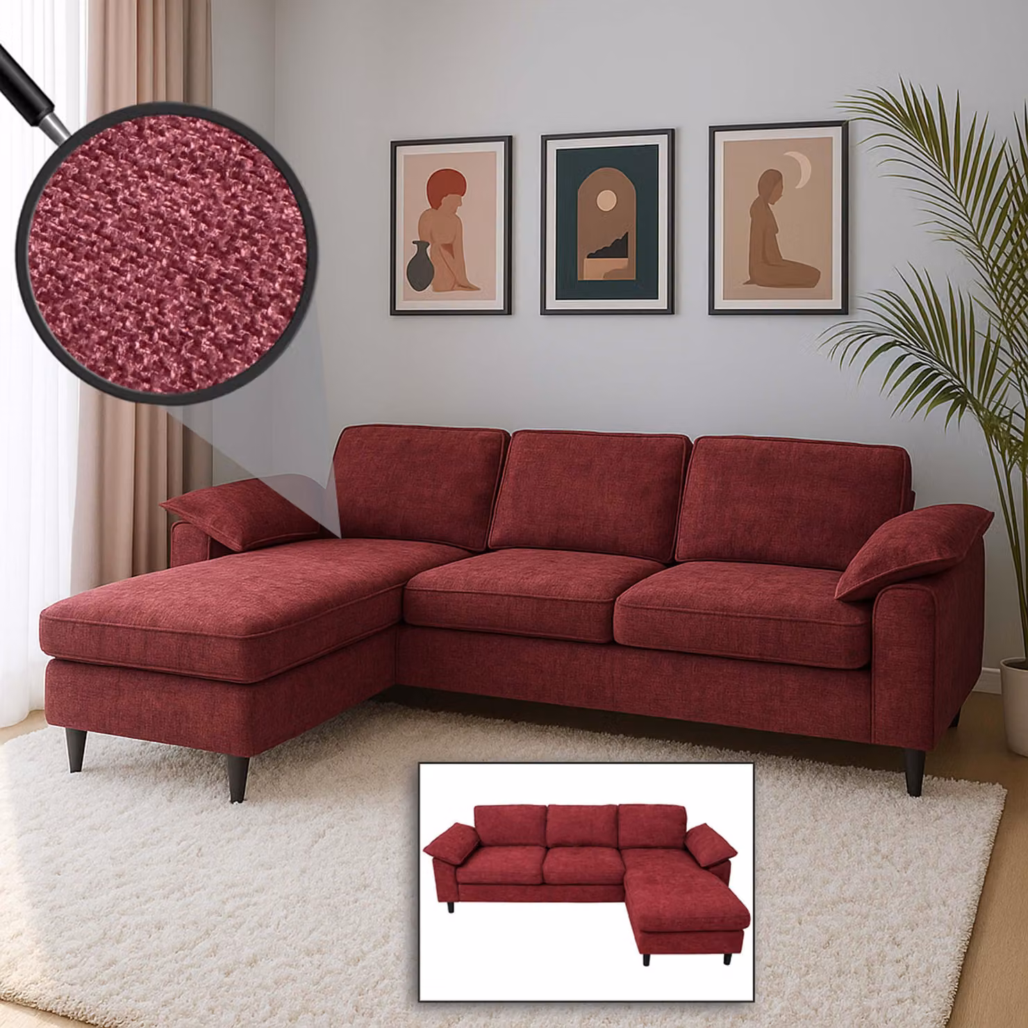 Set di divani HWC-O71, divano angolare a L, superficie reclinabile a sinistra/destra, tessuto (320 g/m²) legno 84x229x140cm ~ bordeaux
