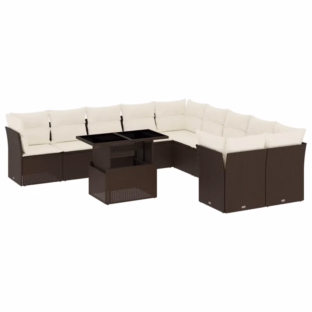 vidaXL Set Divani da Giardino 11 pz in Polyrattan Marrone e Bianco con Cuscini e Tavolino da Esterno – 2