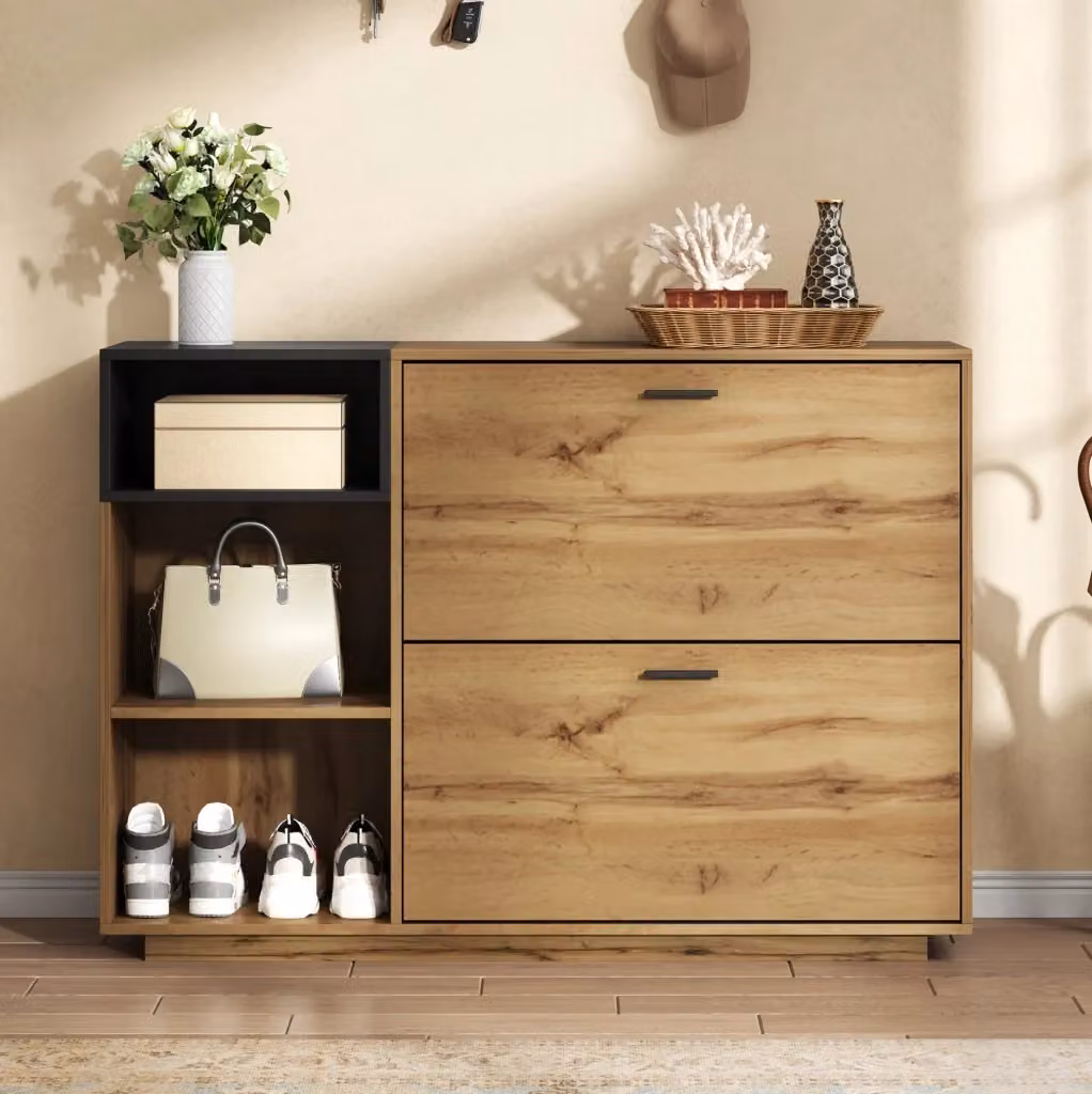 Scarpiera moderna in MDF con ante a ribalta per ingresso, disponibile in marrone o nero, L: 120 cm, P: 32 cm, H: 84,5 cm – 2