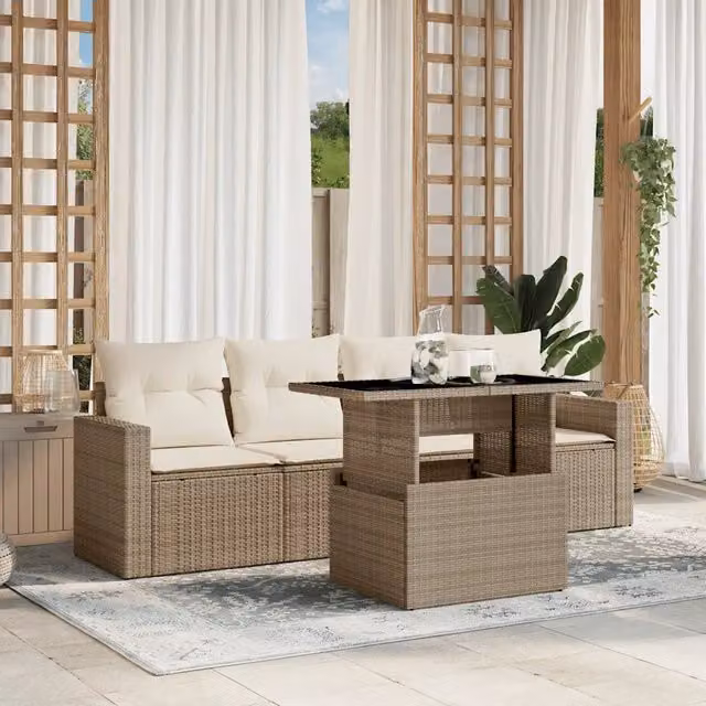Set da giardino vidaXL in polyrattan beige con cuscini, divano a 2 posti, poltrone e tavolino da caffè