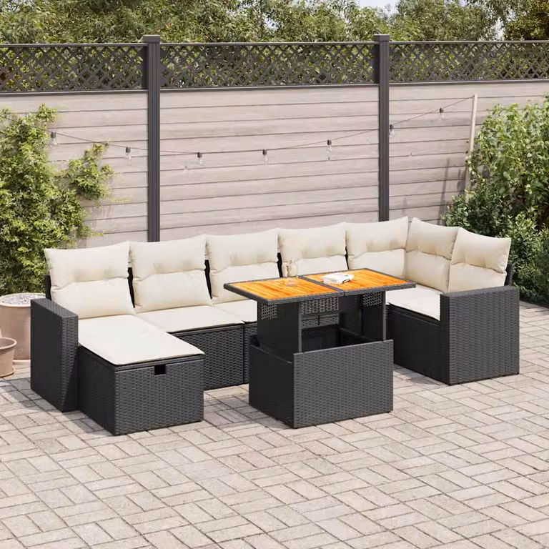 Set Divani da Giardino vidaXL 5 Pezzi in Polyrattan con Cuscini e Tavolino, Design Moderno a L, Nero e Bianco