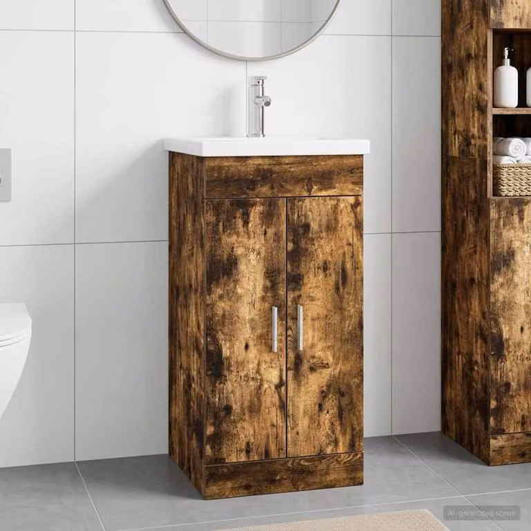 Mobile da bagno con lavabo vidaXL in stile moderno, colore Rovere Fumo e dettagli argento, L/P/H: 42 x 40 x 84,5 cm