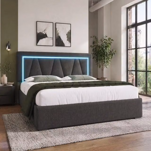 Letto matrimoniale imbottito 140x200 cm con illuminazione LED, porta USB tipo C e contenitore in tessuto di lino grigio/beige