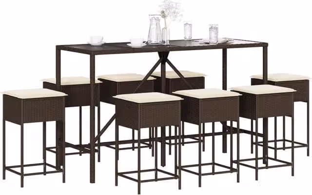 Set Bar da Giardino 9 pz con Cuscini in Polyrattan Marrone 3261471
