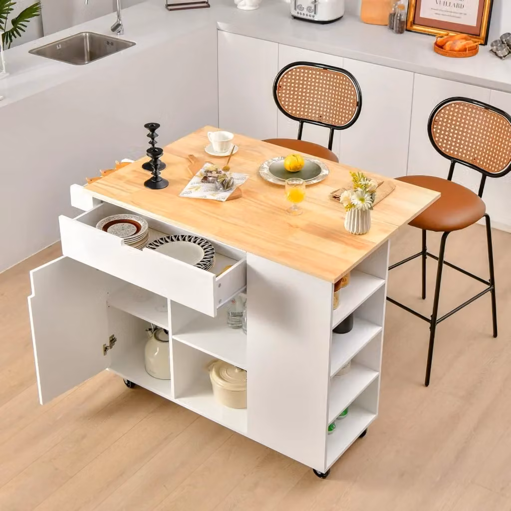 Carrello da cucina multifunzione COSTWAY con cassetto e ripiano aperto, pieghevole e con ruote, Bianco, L: 124 cm, P: 76 cm, H: 92 cm – 2