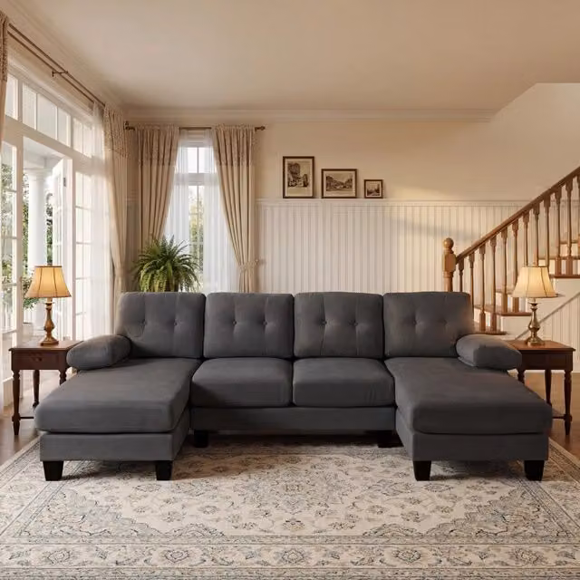 Divano convertibile a U 4 posti 242x128x84 cm; divano angolare con chaise longue; schienale regolabile; tessuto in ciniglia; grigio