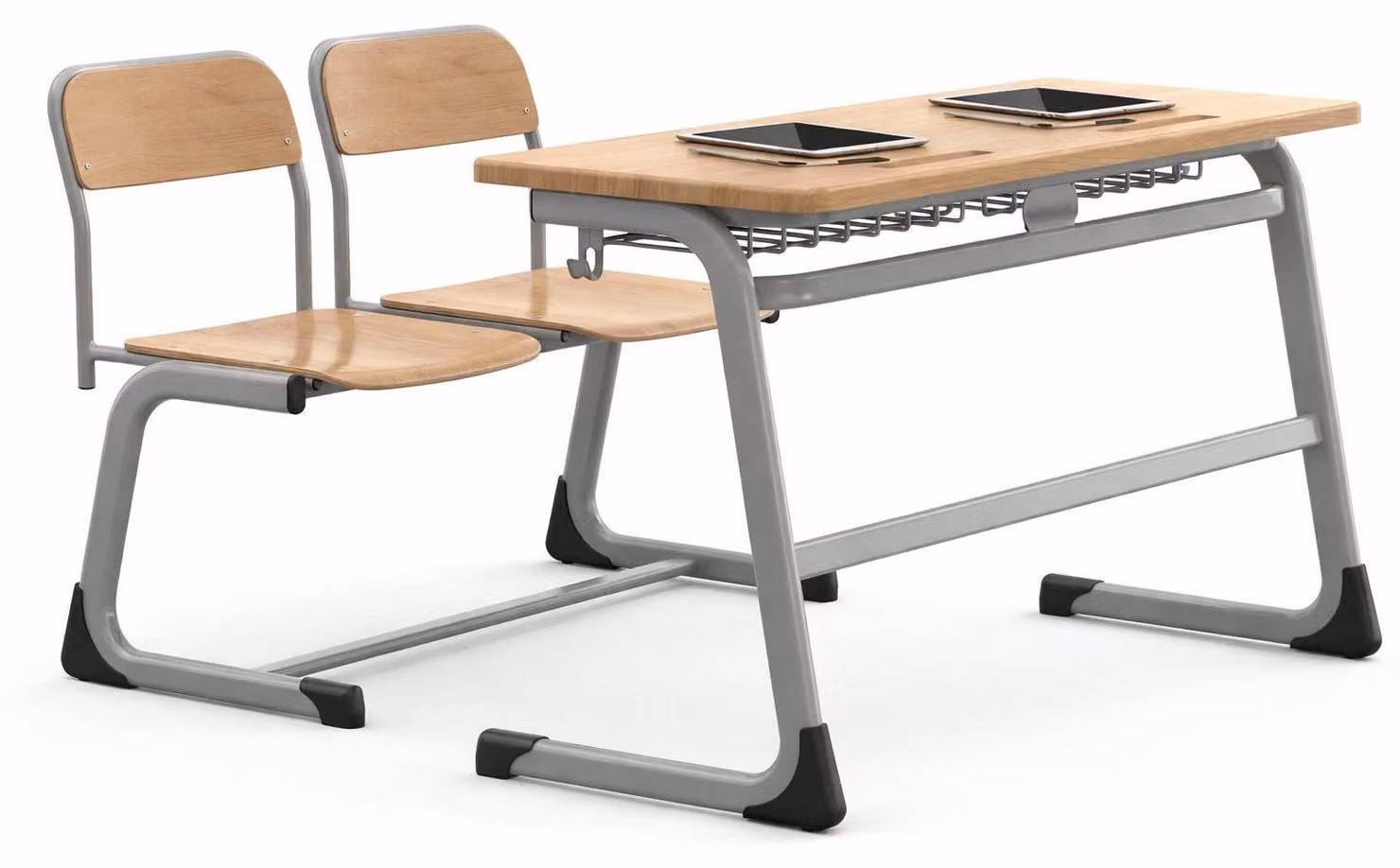 Scrivania scolastica con comodo doppio sedile e vano portaoggetti, realizzata in pregiato legno