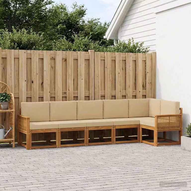 Set di divani da esterno vidaXL a forma di L composto da 6 pezzi in legno di acacia con cuscini, colore beige e sabbia