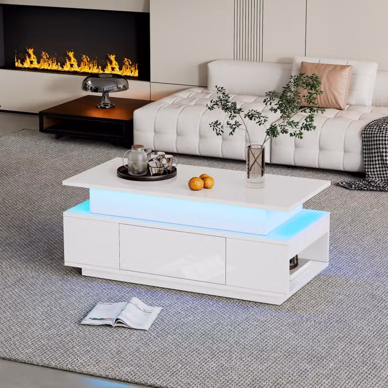 Tavolino da divano, dimensioni 96 x 45 x 40 cm, realizzato in pannello di particelle al 100%, colore bianco, con altezza regolabile, vano contenitore nascosto, 1 cassetto e illuminazione a LED