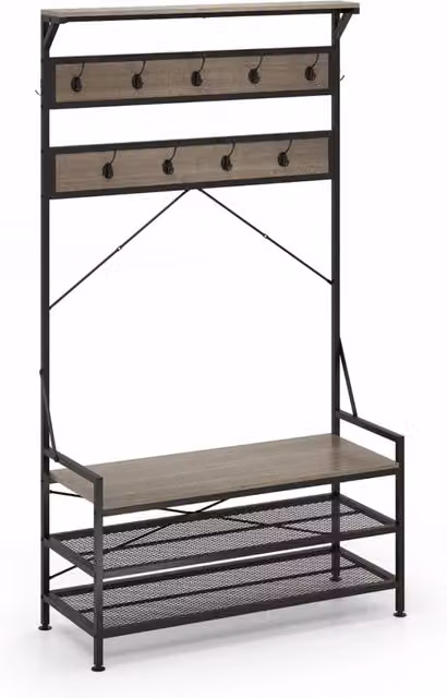 Appendiabiti a albero 4-in-1 con 11 ganci e panca scarpiera a 2 ripiani in stile industriale, Grigio – 1