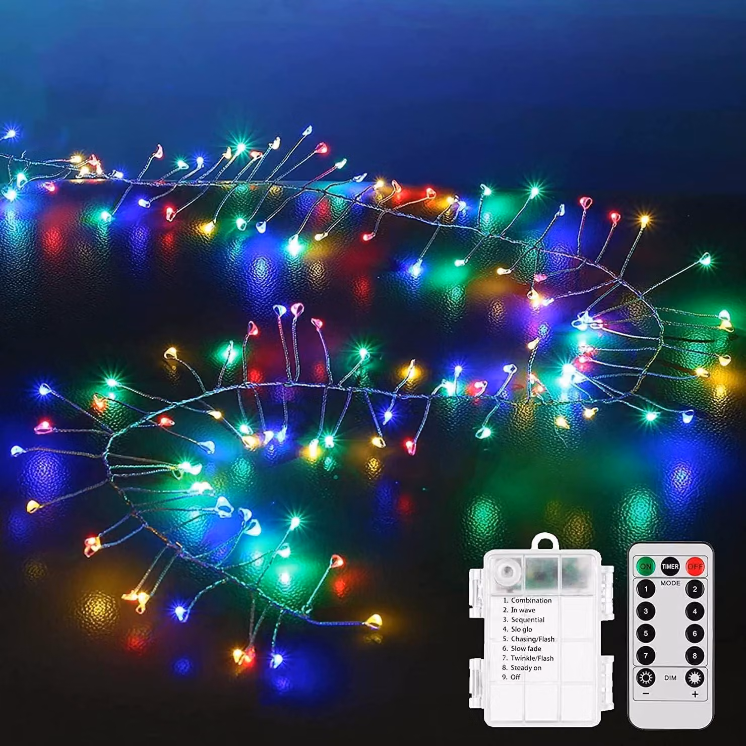 Catena luminosa con 100 LED colorati, alimentata a batteria, con telecomando