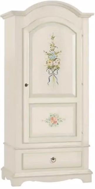 Armadio appendiabiti 1 anta 1 cassetto arte povera in legno massello e mdf con rifinitura in bianco filo verde con decori 95x56x196 H