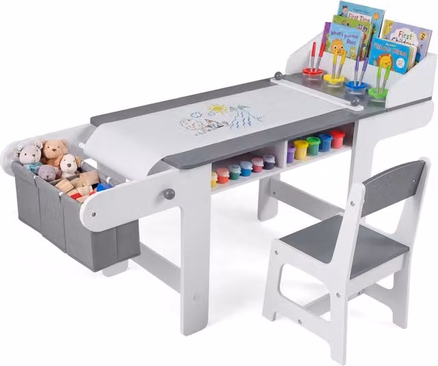 Set tavolo e sedie da disegno per bambini in legno bianco con rotolo di carta e contenitori per colori per cameretta o scuola – 1