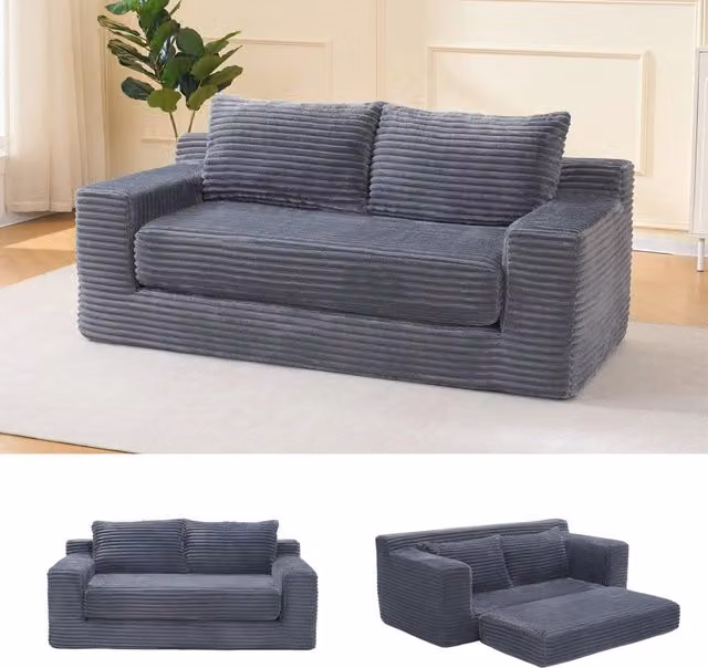 Divano letto a 2 posti in memory foam senza montaggio con rivestimento in tessuto a coste grigio scuro compatto