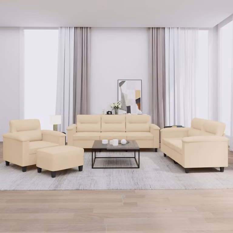 Set di Divani 4 Pezzi vidaXL in Microfibra Beige con Cuscini e Pouf per Soggiorno