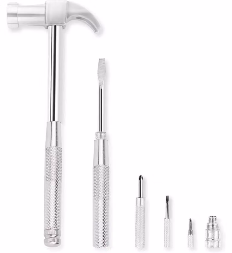 Set di attrezzi multifunzione 6 in 1 Klauenhammer, con cacciaviti, estrattore di chiodi, impugnatura antiscivolo, colore argento