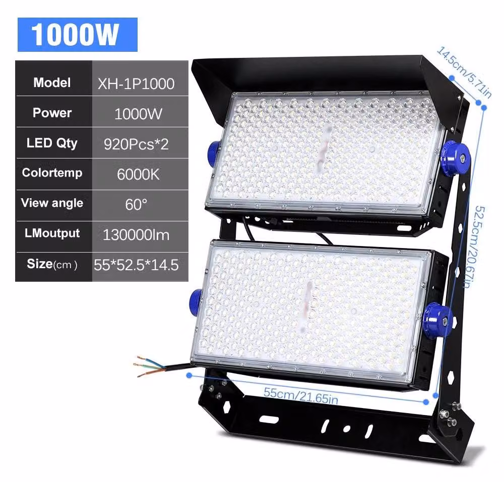 Illuminazione LED per stadi - Modello XH-1P1000W - 1000 W, alta potenza - 150 lm/W - 6000 K, bianco freddo - Grado di protezione IP65, resistente all'acqua - Alimentazione AC 120-277 V, ideale per parcheggi e gallerie