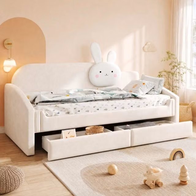 Letto Mivray per bambini con cassetti, imbottito in velluto beige con illuminazione LED e testiera a forma di coniglio, L/P: 90 x 200 cm