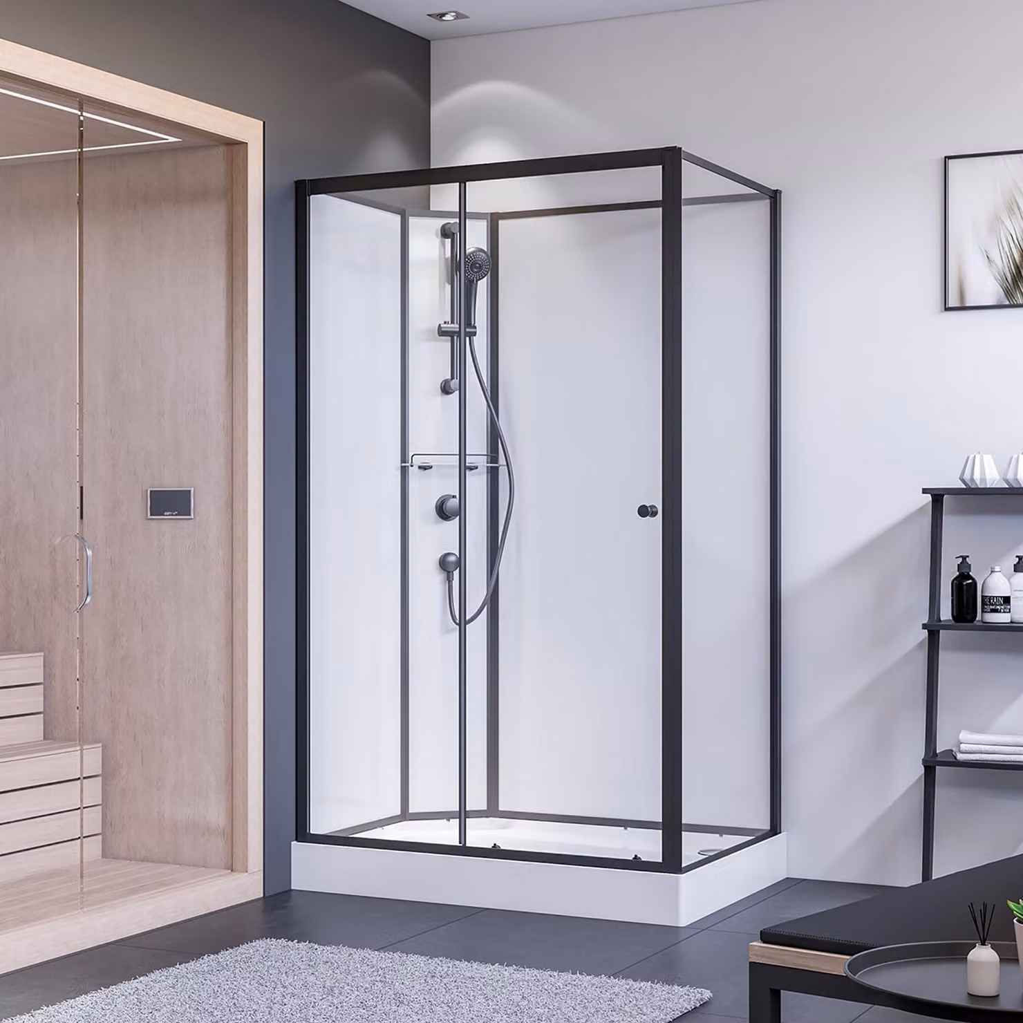 Porta scorrevole per doccia completa Breuer con pannello laterale destro nero opaco vetro trasparente