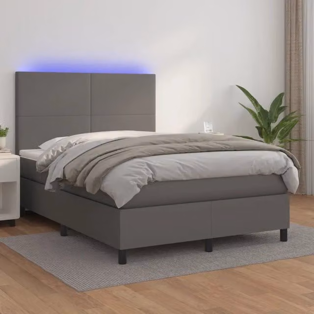 Letto con giroletto a molle, materasso ibrido e illuminazione LED vidaXL, Grigio, L/P/H: 140 x 200 x 128 cm