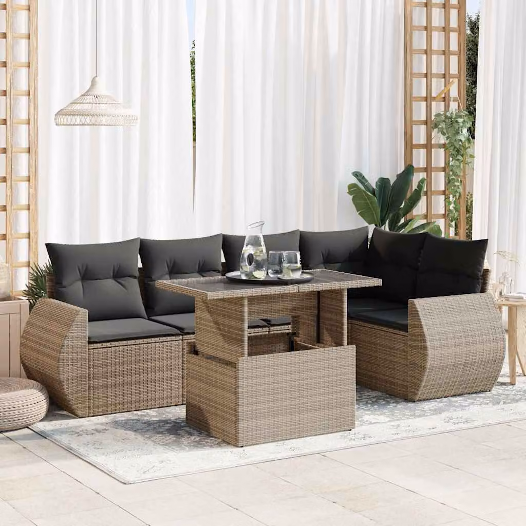 Set Divano da Giardino a L vidaXL in Polyrattan Grigio con 6 Pezzi e Cuscini Imbottiti