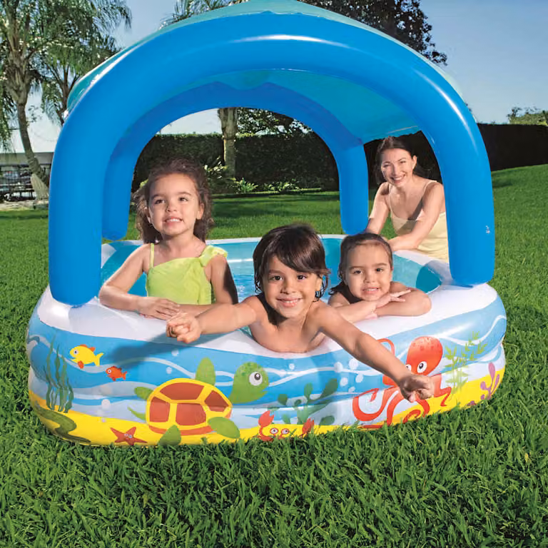 Piscina da gioco gonfiabile Bestway con tettoia blu e pavimento gonfiabile, L/P/H: 140 x 140 x 114 cm