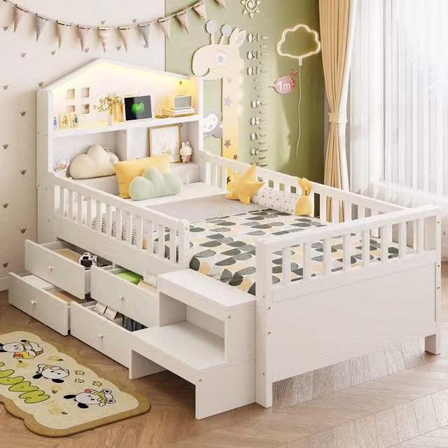 Letto per bambini 90 × 200 cm con cassetti scala luci LED ricarica USB e Type-C in legno bianco con rete a doghe