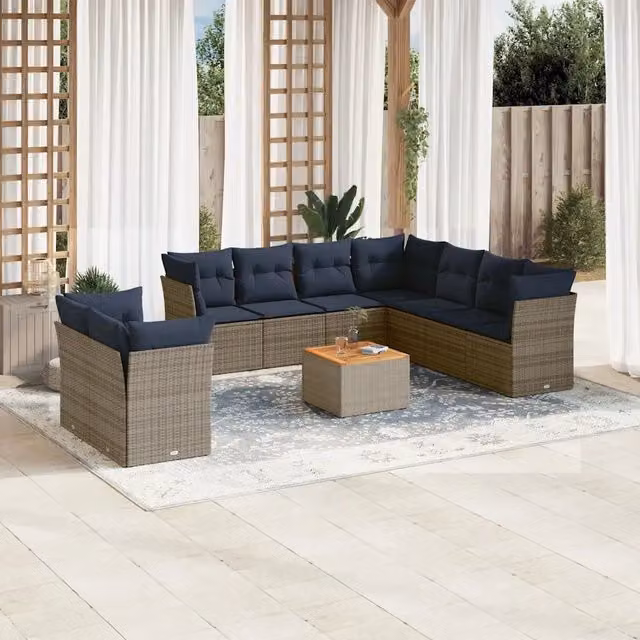 Set Divani da Giardino 10 pz con Cuscini in Polyrattan Grigio 3256047