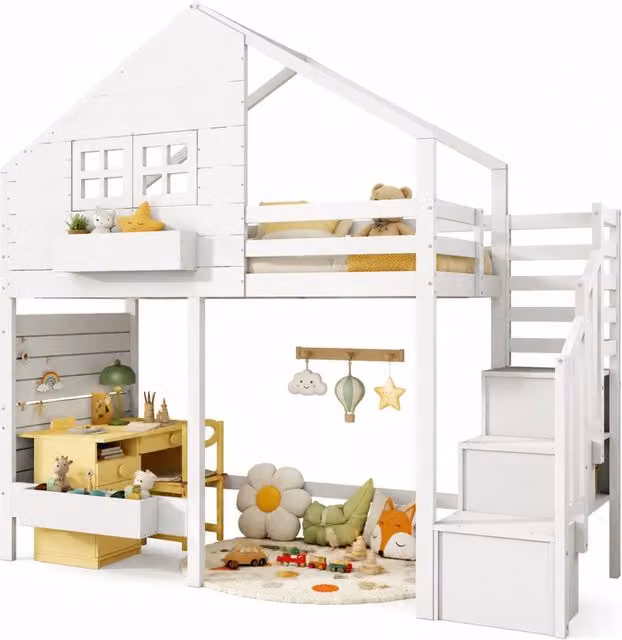 Letto soppalcato per bambini 90x200， in legno bianco con contenitore， senza materasso
