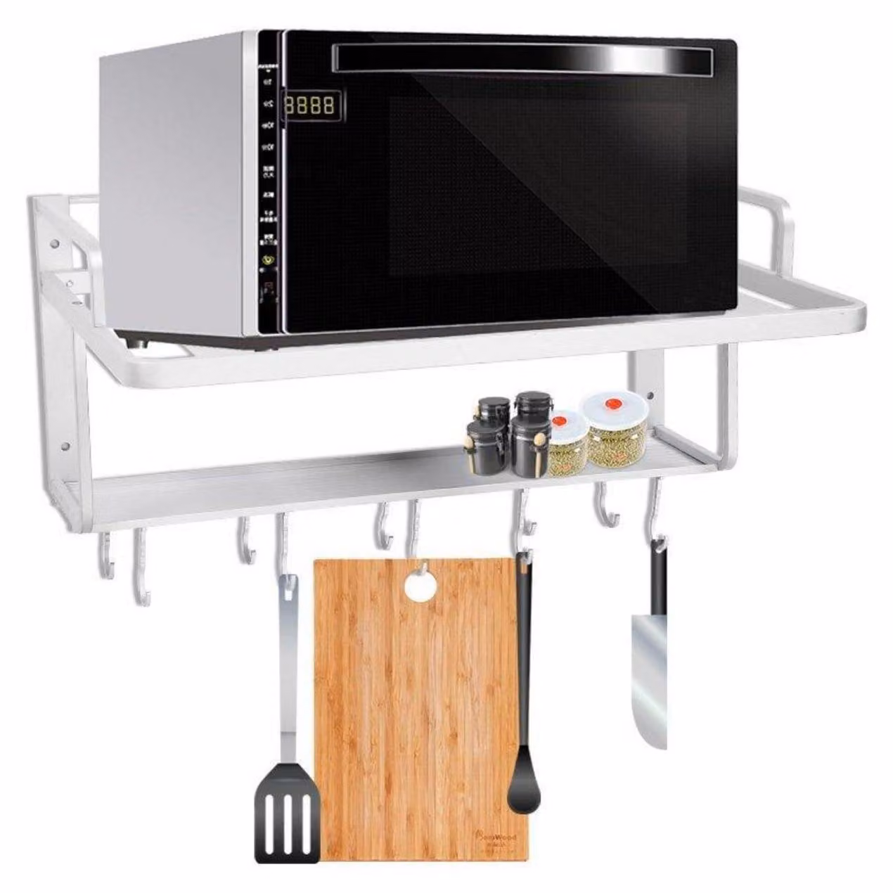 Ripiano a due livelli per microonde con ganci, dimensioni 55 x 38,5 x 25 cm