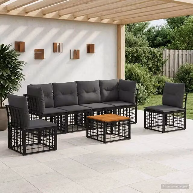 Set di divani da esterno 7 pz Nero e Grigio scuro Poliestere 3437431