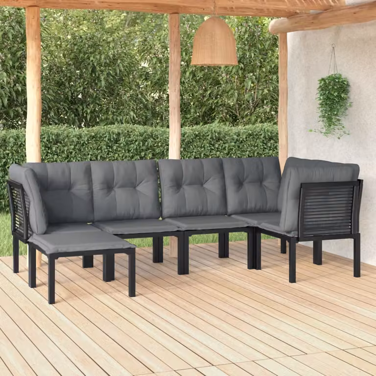 Set Salotto da Giardino vidaXL 6 pz in Polyrattan Nero e Grigio con Cuscini e Struttura in Acciaio Verniciato a Polvere
