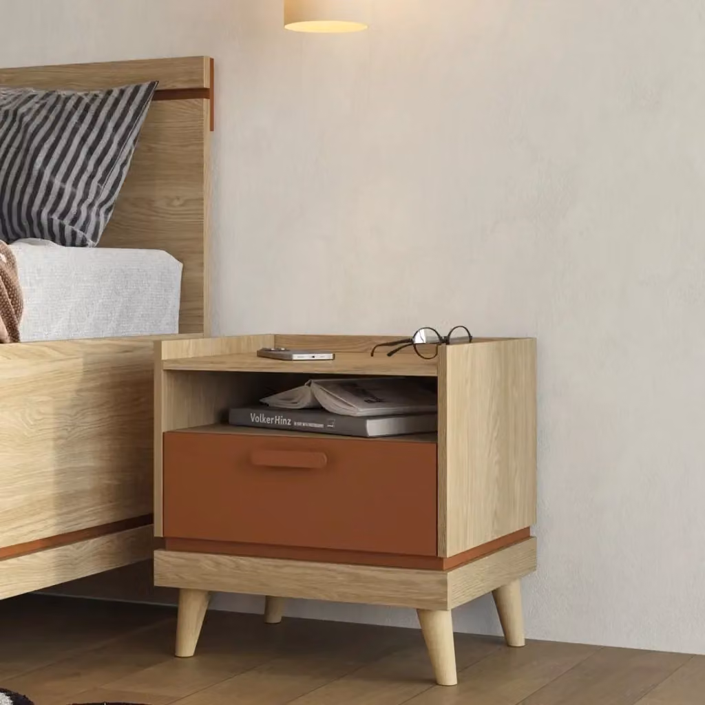 Tavolino da notte NOKI Meublorama in stile scandinavo con 1 cassetto, Rovere chiaro e Moka – 2