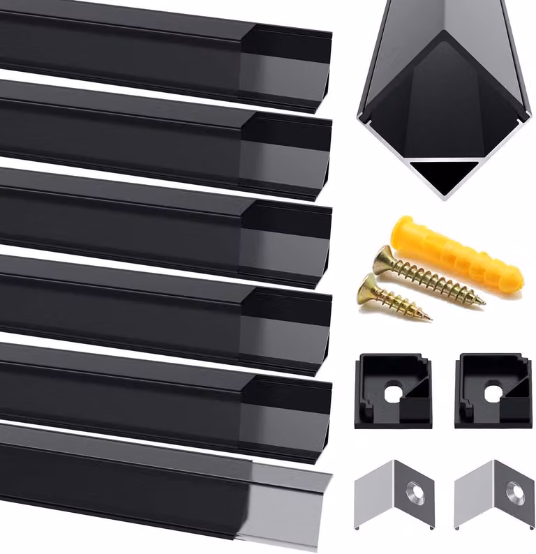 Profilo LED in alluminio, angolare, nero, set da 6 pezzi da 1 metro, per strisce LED